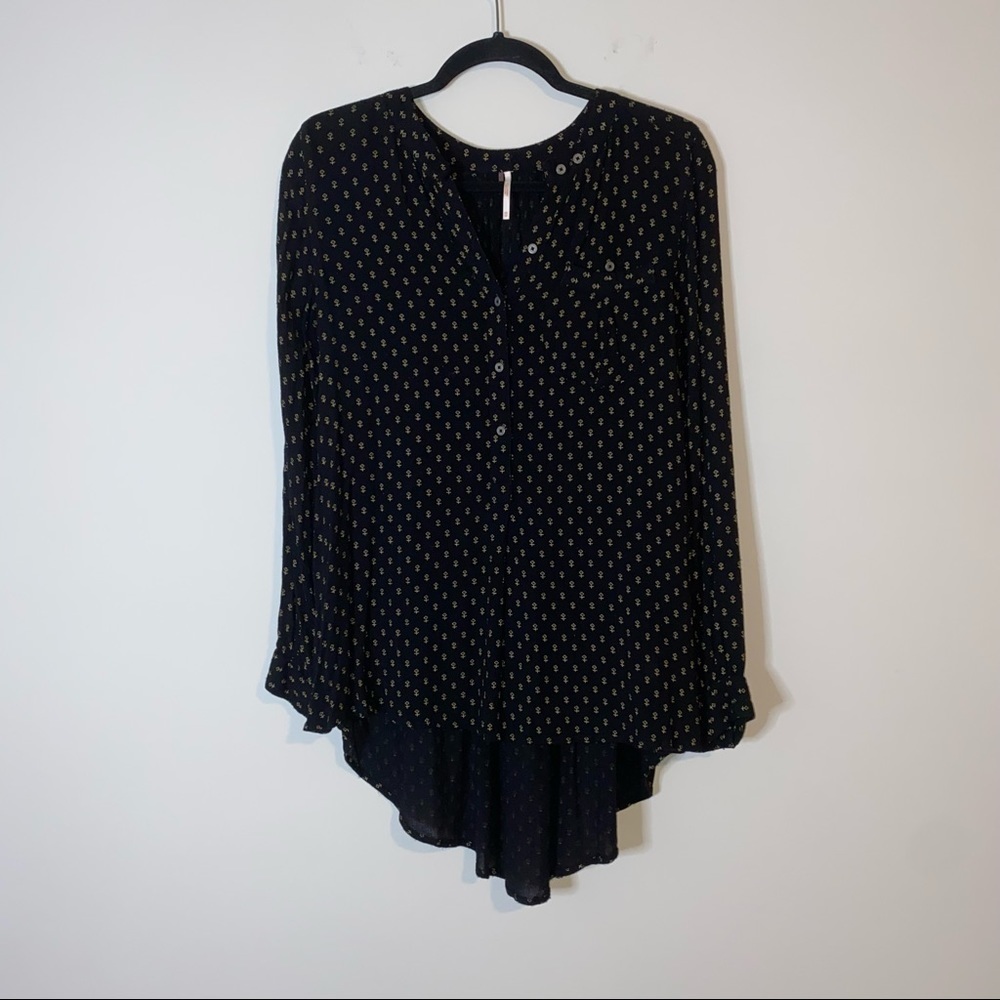 Free People Black & Gold Boho Print High Low Long Sleeve Button Tunic